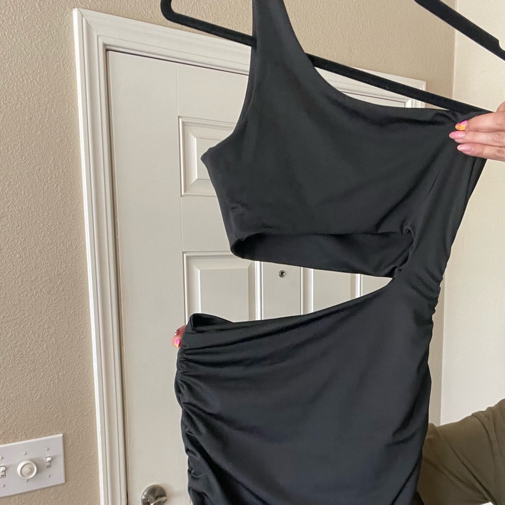 Black stretchy one shoulder dress with mid section cut out